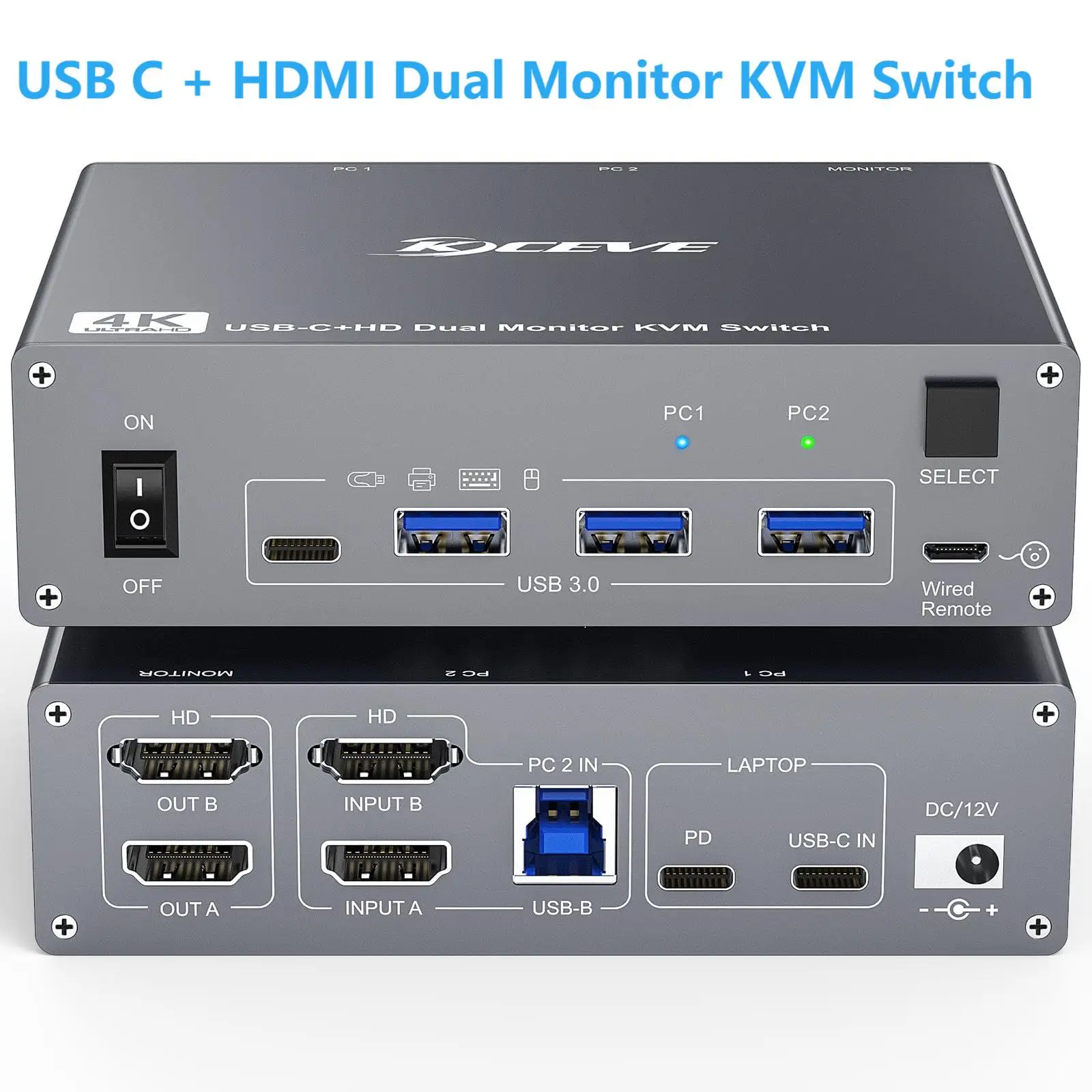 USB C KVM Switch 4K@60Hz,KCEVE HDMI Dual Monitor KVM Switch for 1 PC/1 Laptop Share 2 Monitor 4 USB3.0 Device,100W PD for Laptop