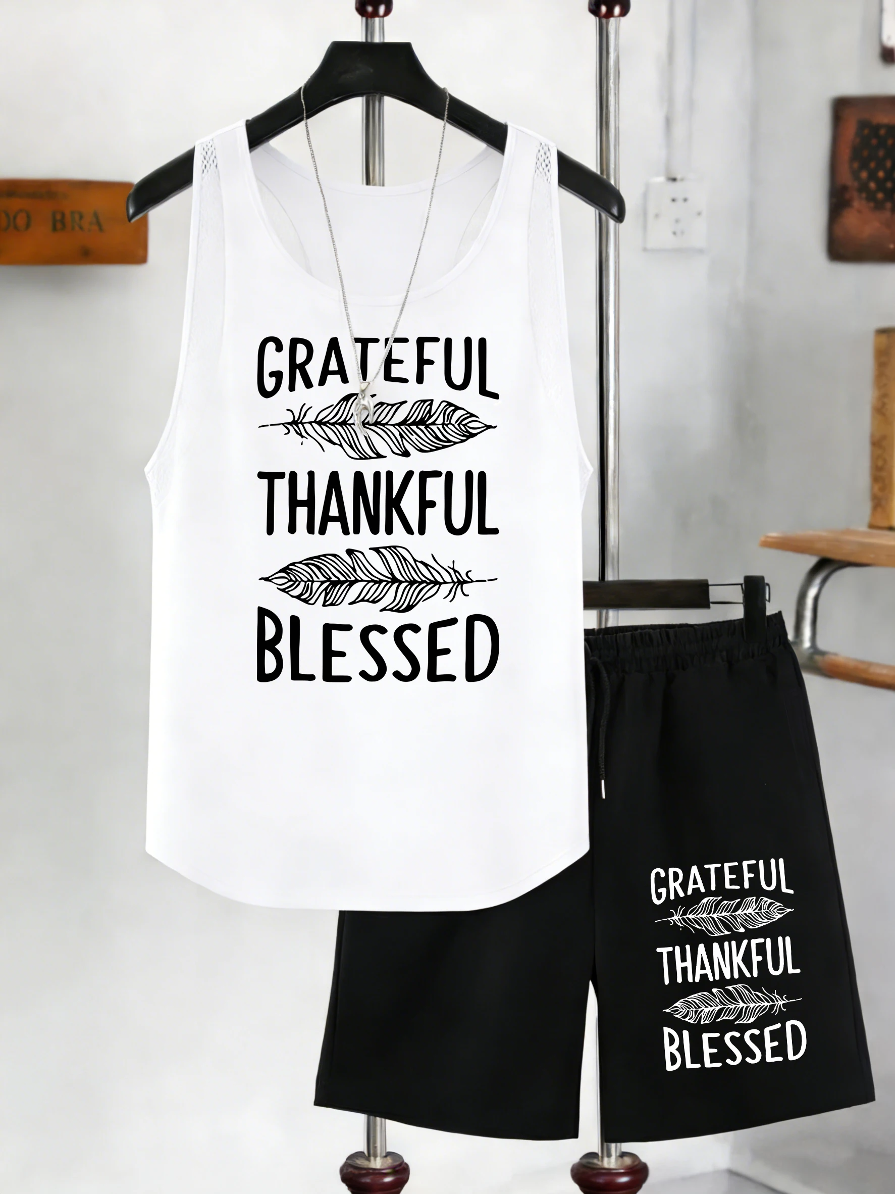 

Greateful Thankful Blessed Print Mens Mesh Tank Tops Suits Crewneck Sleeveless Vests Summer Sport Shorts Wide-Leg Pocket Pants
