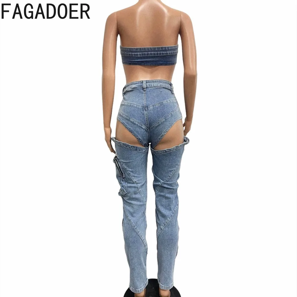 FAGADOER Fashion Denim Zipper Hollow Out Two Piece Sets Women Sleeveless Backless Bra And Skinny Pants Outfits Female Clothing