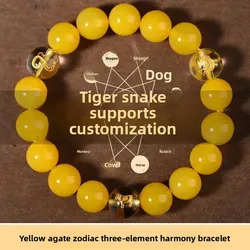 UMQ Natural Yellow Agate Zodiac Bracelet for Men and Women Chalcedony Yellow Dragon Jade Buddha Beads Lucky HandString Old Topaz