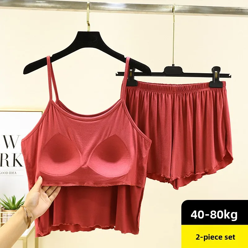 Women's Modal Tank Top with Chest Pad Summer Home Sleepwear Thin Short Pants Two-Piece Set Integrated Design Lightweight Comf...