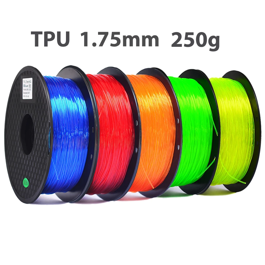 3D yazıcı TPU esnek Filament şeffaf mavi kırmızı elastik esnek kauçuk malzeme rulosu Flex 1.75mm vakum ambalaj 250g