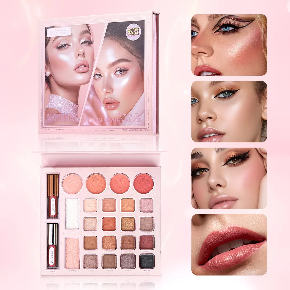 

Палитра для макияжа 24-в-1: тени для век, румяна, хайлайтер и жидкая помада, высокопигментированная и стойкая.