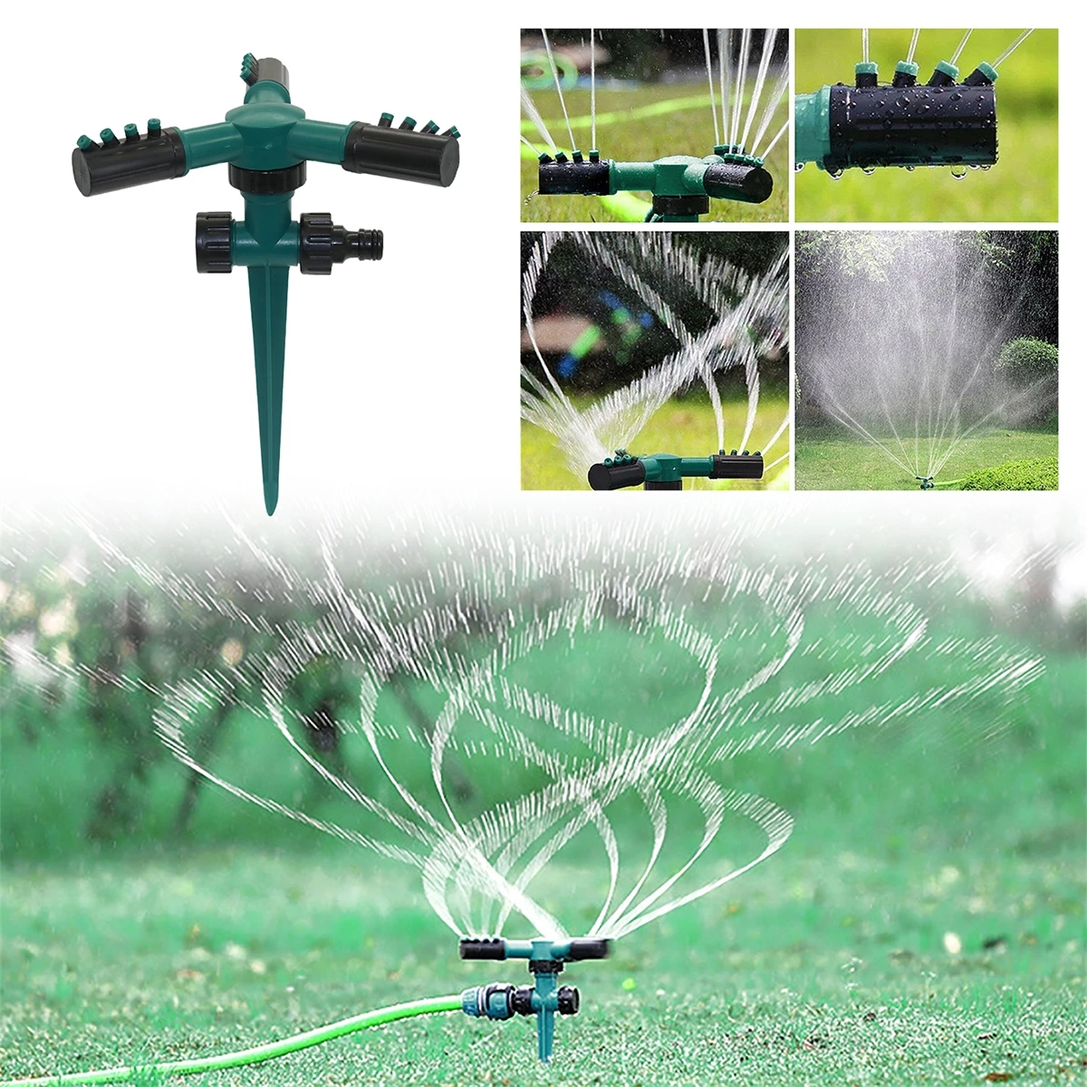 3-Arm Rotating Sprinkler With Plastic Spiked Bracket 360° Automatic Rotary Nozzles Garden Lawn Plants Flowers Irrigation Device