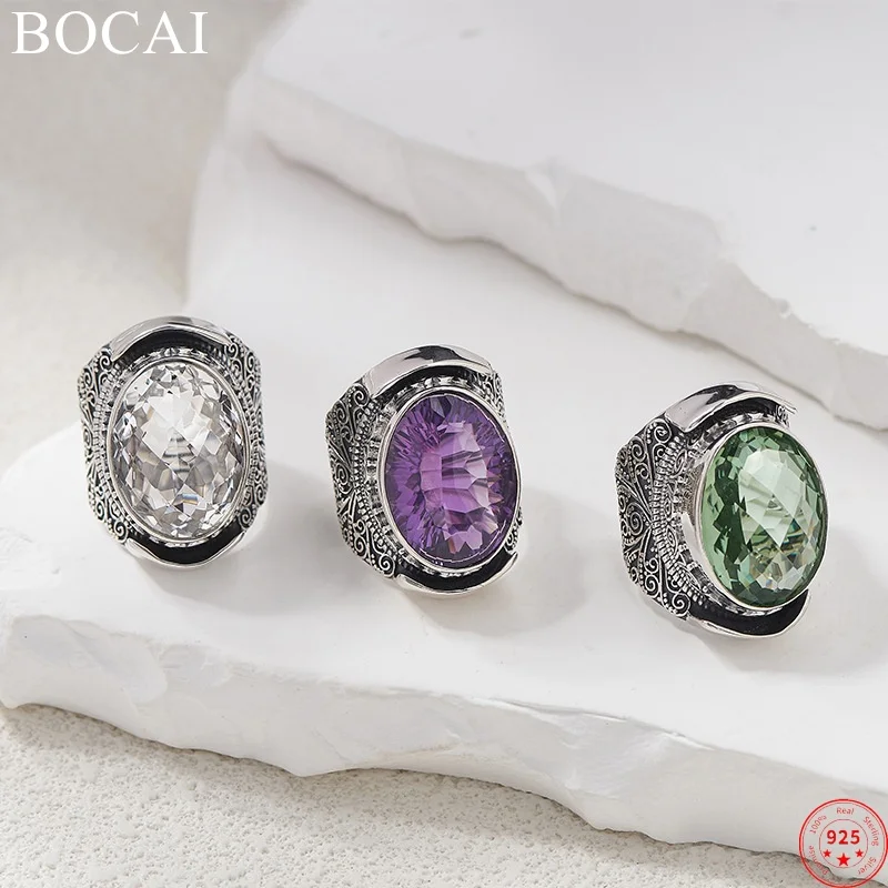 

BOCAI S925 Sterling Silver Charms Rings for Women Men New Fashion Ancient Palace Style Pattern Amethyst Crystal Free Shipping