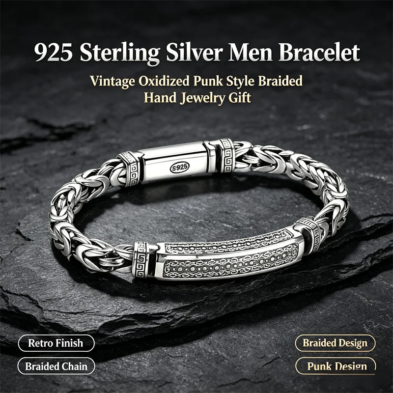 OUYADI Vintage Distressed S925 Silver Men Wristband Punk Hip Hop Style Braided Link Chain Daily Jewelry Gift