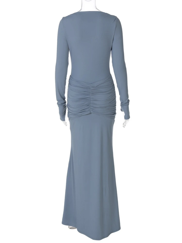 FDYOUI Elegant Long Sleeve Folds Evening Dresses for Women Chic Tunics Ruched Bowknot Long Maxi Party Prom Dress Vacation Outfit