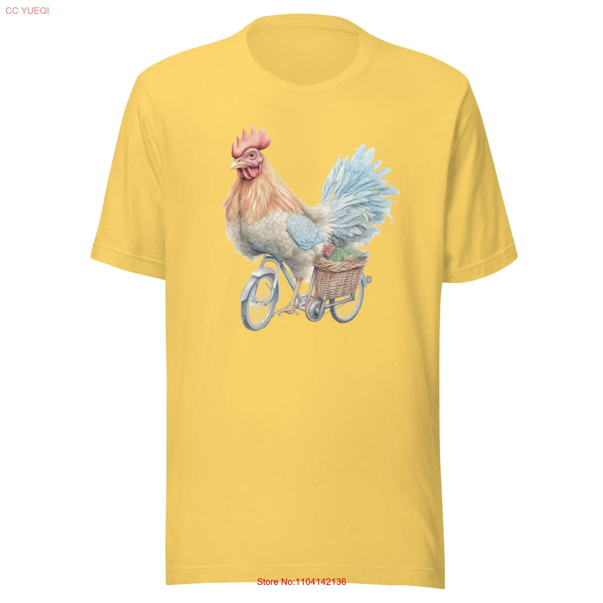 Cheerful Chicken on Vintage Bicycle Colored Pencil Whimsical Animal Art T Shirt long or short sleeves