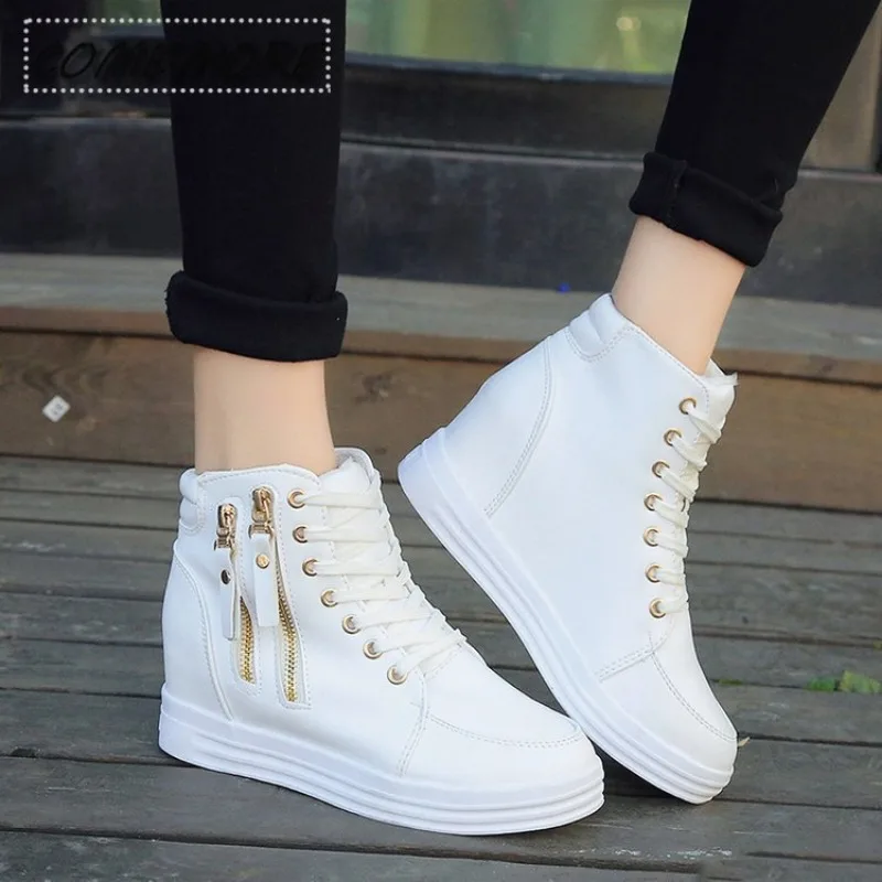 Sneakers Platform Women 2024 Trend Spring Autumn High Top Female Fashion Casual Shoes Wedge Side Zipper Fashion Warm Ankle Boots