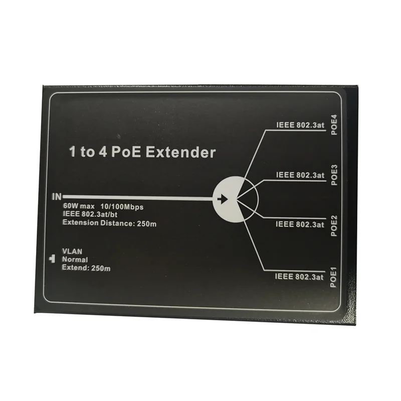 

1 to 4 PoE Extender 10/100M 4 Port PoE Extender IEEE802.3At Poe Extender Max Extend 250M 65W Max for Ip Camera