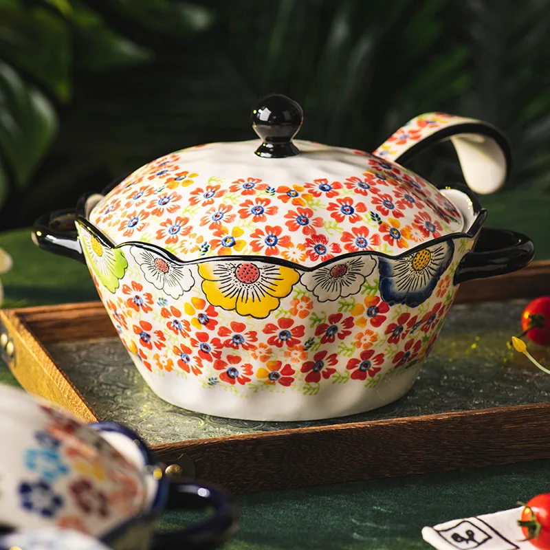 ZML retro flower hand-painted underglaze color binaural ceramic non-ironing big soup bowl