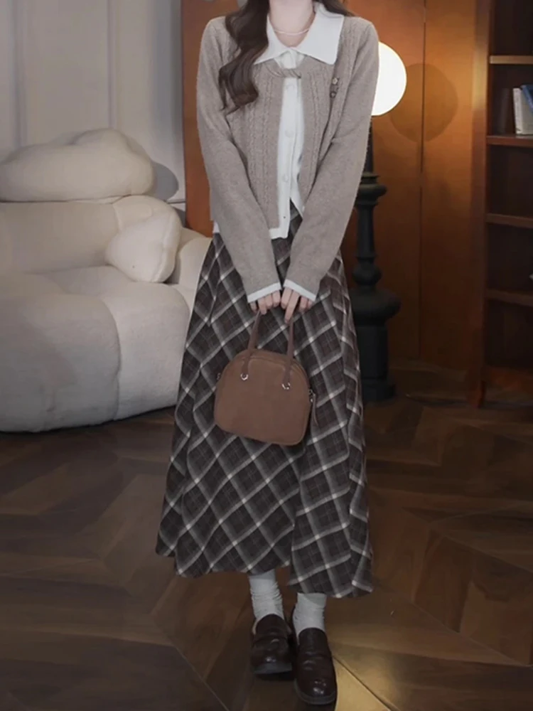 

Korean College Style Women's Set Soft Top And Midi Skirt Fashionable Early Autumn Outfit Casual Long Sleeve Knitted Shirt