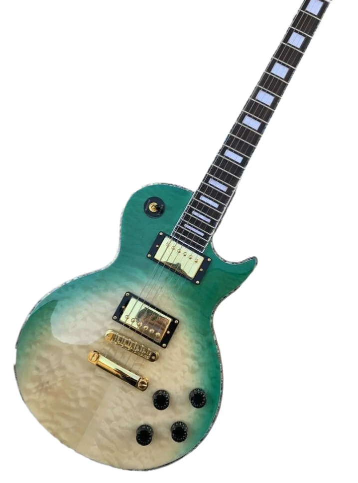 

In stock green and natural color LP electric guitar, mahogany body with quilted maple top we can customize the guitar