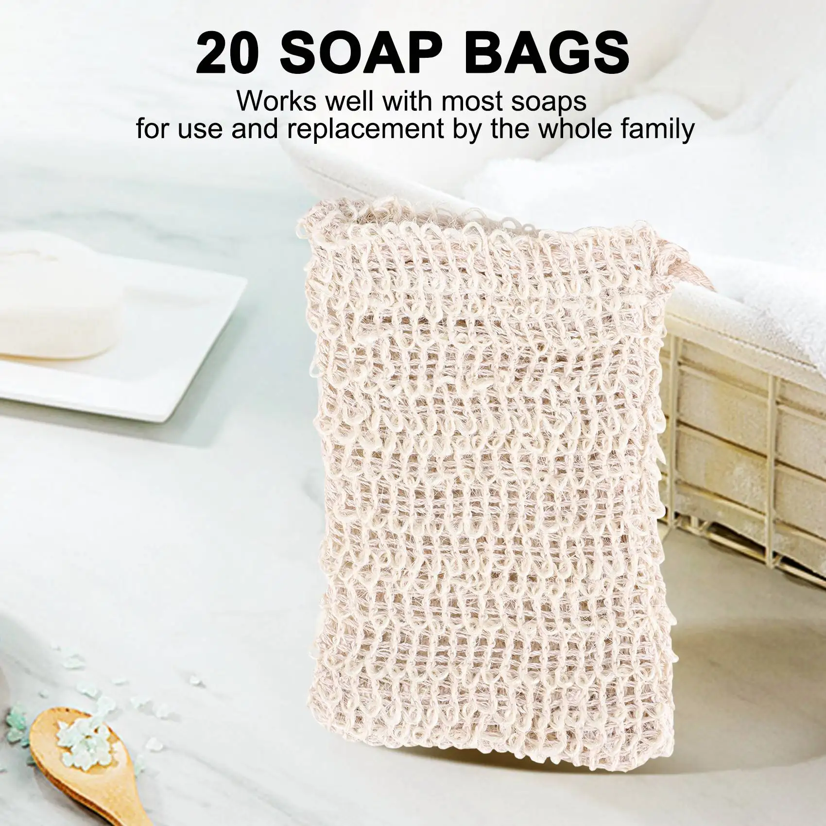 F-3C 20 Pack Soap Exfoliating Bag,Soap Saver Made Sisal Mesh Soap Bag Bar Soap Bag With Drawstring For Bath & Shower Use