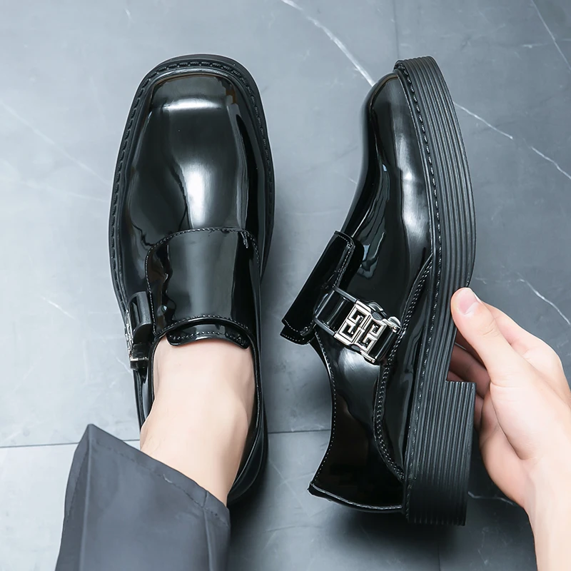 Black Patent Leather Men Loafers Platform Slip-On Round Toe Solid Business Luxury Shoes  Size 38-45