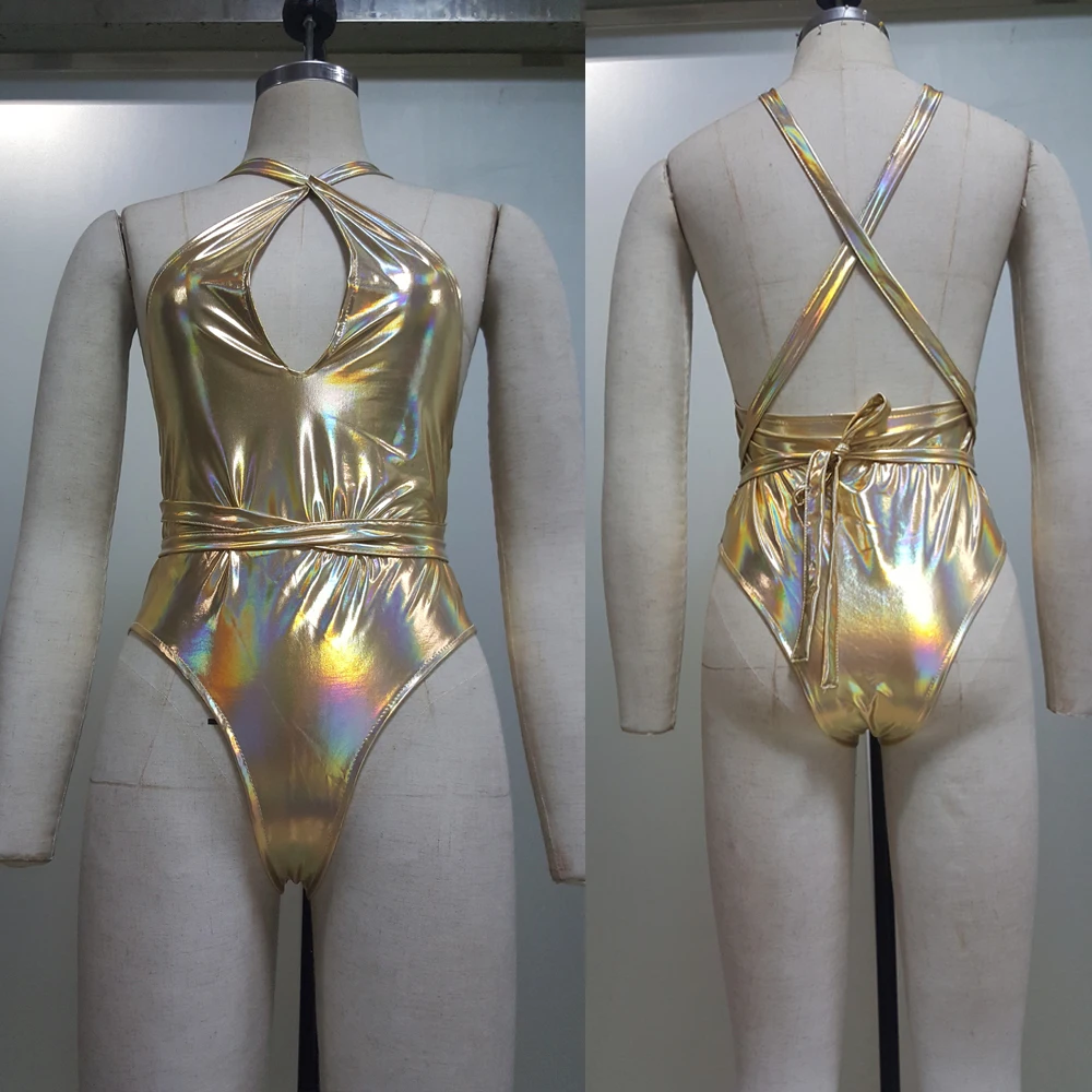 เซ็กซี่ Silver Holographic Multiway Bodysuit Holographic ผู้หญิงไวนิลผ้า Bodysuit Jumpsuit 3D Rave เทศกาล Holographic เสื้อผ้า