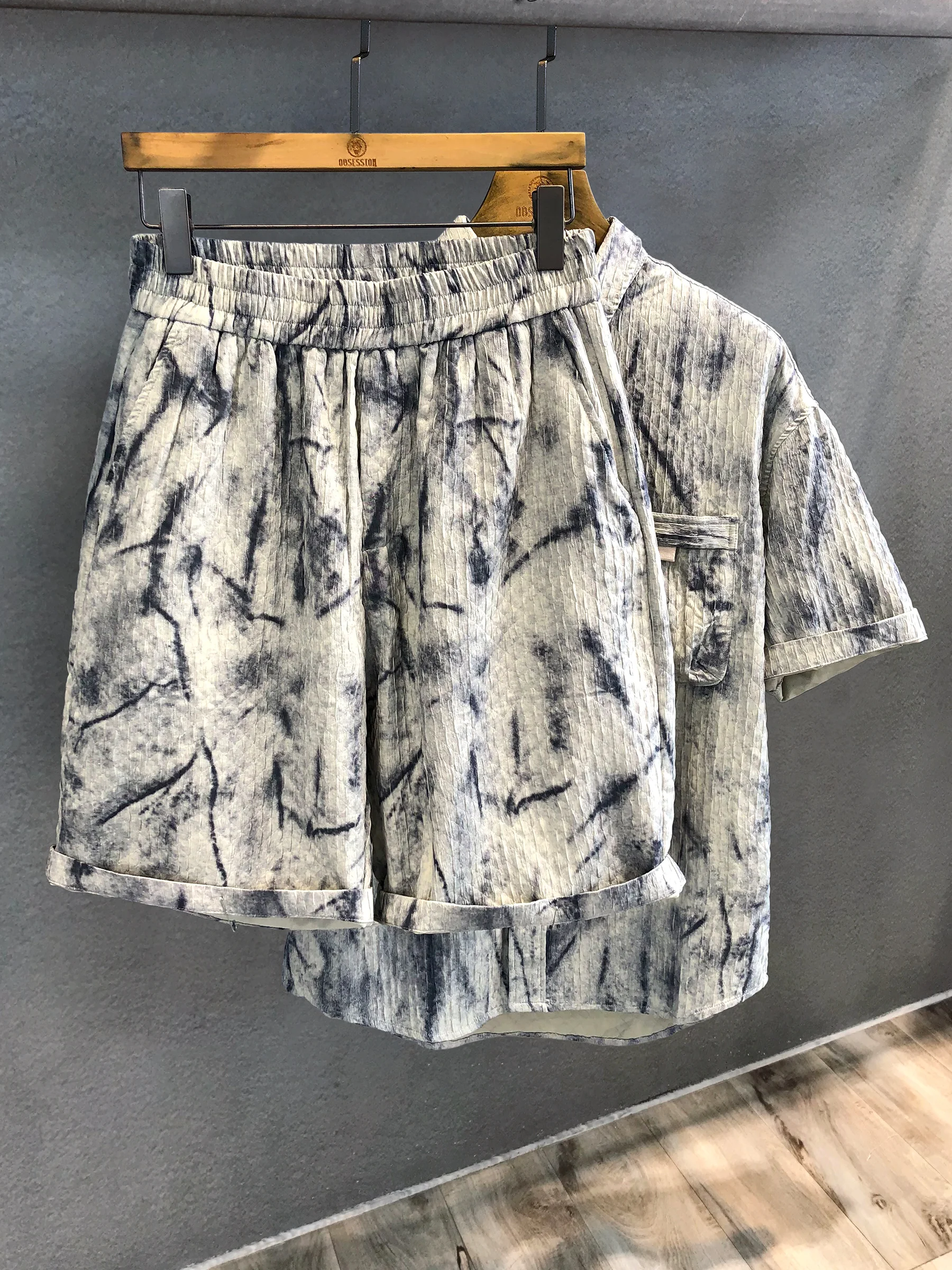 2025 Summer New Korean Style Ice Silk Thin Casual Shirt Set Washed Vintage Fashion Shorts Set