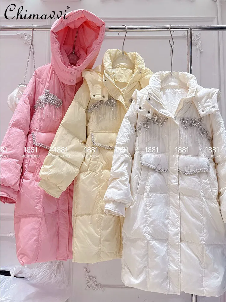 

Heavy Down Jacket Women Winter Clothes New Fashion Diamond Luxurious Tassel Design Mid-Length Thickened Warm Duck Down Coat