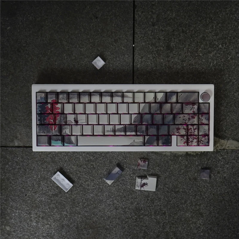 Ancient Style ink Painting Keycaps Cherry Profile PBT Dye Sublimation Side Letter Light Through Keycaps For Mechanical Keyboard