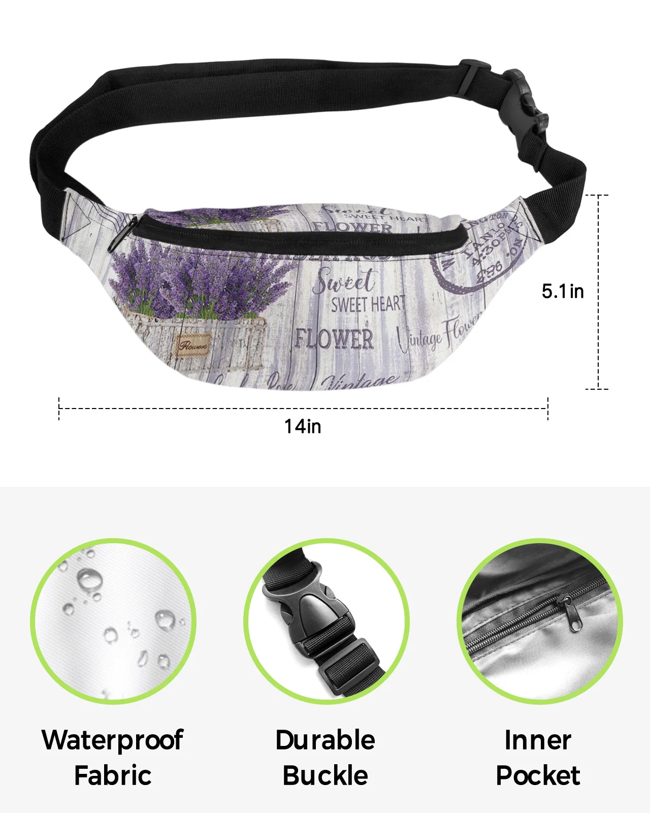 Purple Flower Lavender Flowerpot Vintage Postcard Men Women Waist Bag Fanny Pack Belt Bag Wallet Waterproof Banana Hip Bags