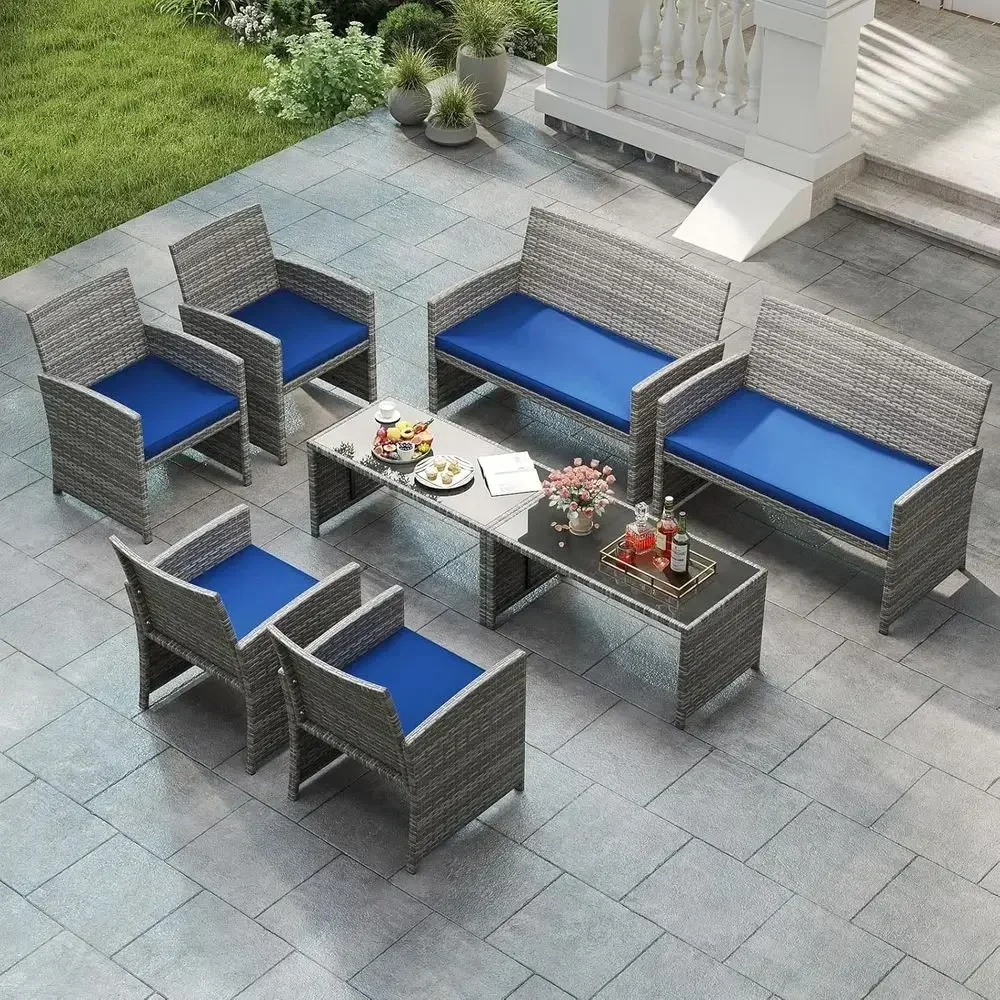 8-Piece Outdoor Wicker Furniture Set with Cushioned Chairs, Loveseat, and Glass Coffee Table for Patio, Balcony, and Poolside