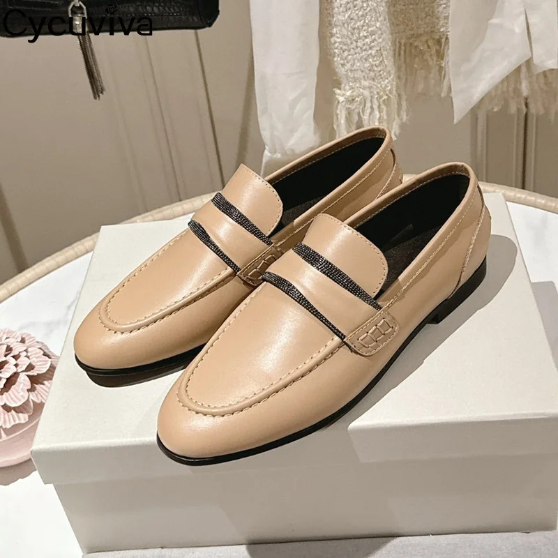 Mocasines planos de piel auténtica para mujer, zapatos de vestir minimalistas de punta redonda, color blanco puro, informales, cómodos para caminar, novedad