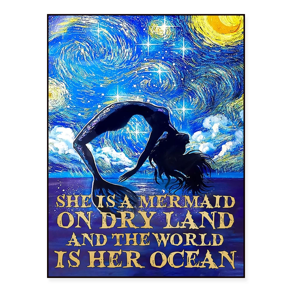 Mermaid, an ocean woman who chooses imagination over fear, becomes a mermaid in a sea of fish, mermaid swimming poster gift