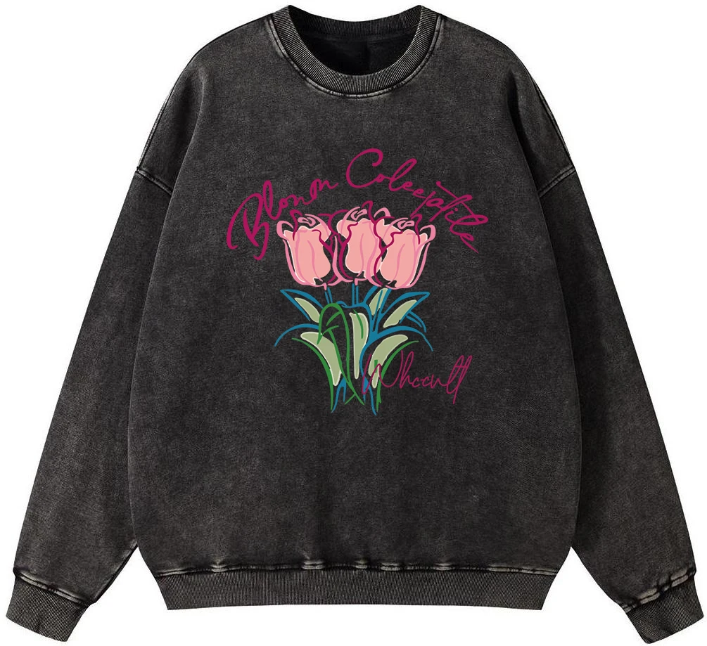 

Tulip Art Bouquet Women'S Vintage Washed Cotton Sweatshirt Autumn Oversize Pullover Simple Comfortable Hoody Street Soft Fleece