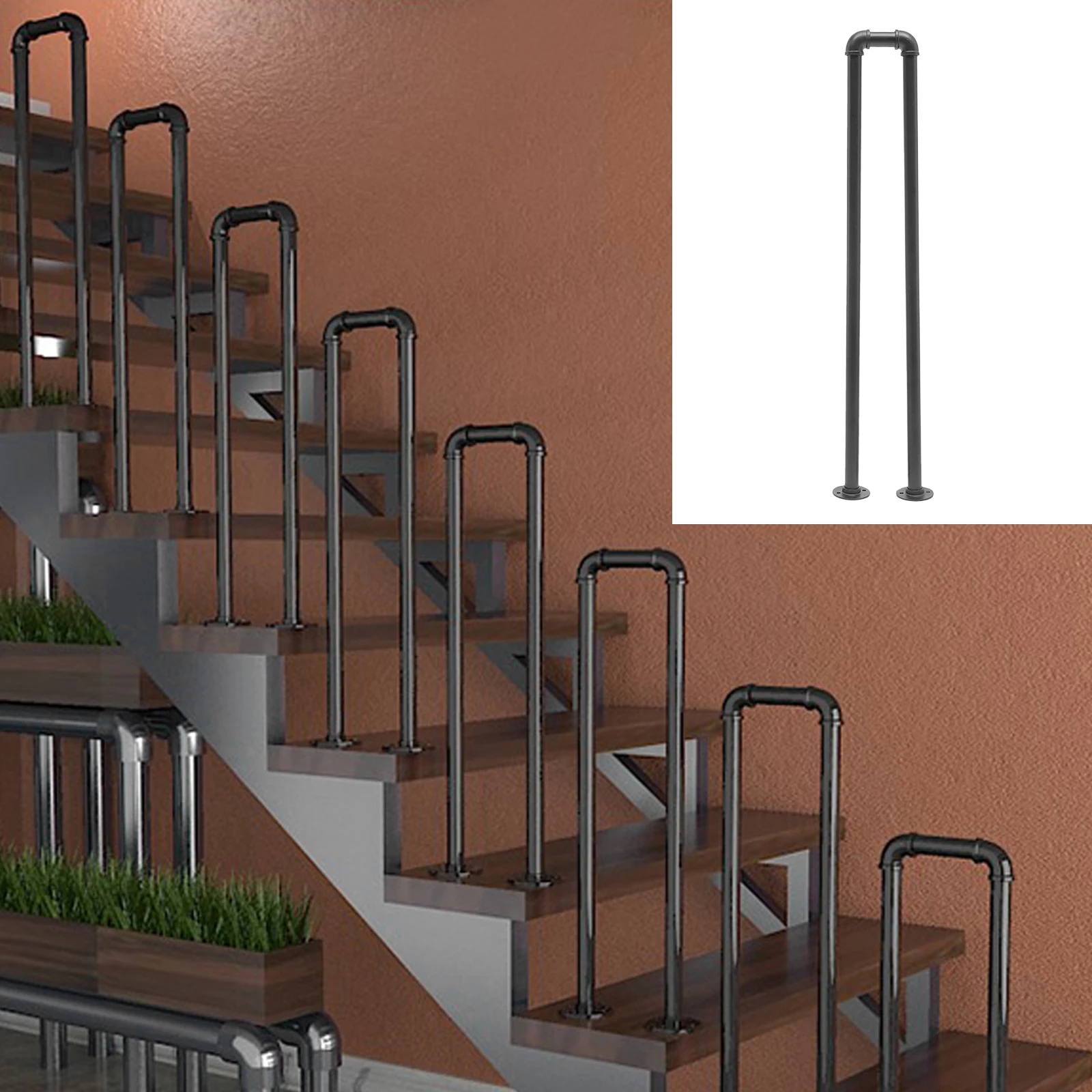 

Stair Handrail Black U-Shaped Industrial Wrought Iron Railing Non-Slip Safety for Garden Loft Corridor Villa Hotel Indoor or Out