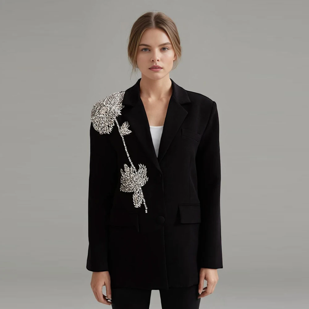 

Solid Patchwork Diamonds Blazers For Women Notched Collar Long Sleeve Spliced Single Breasted Minimalist Blazer Female New