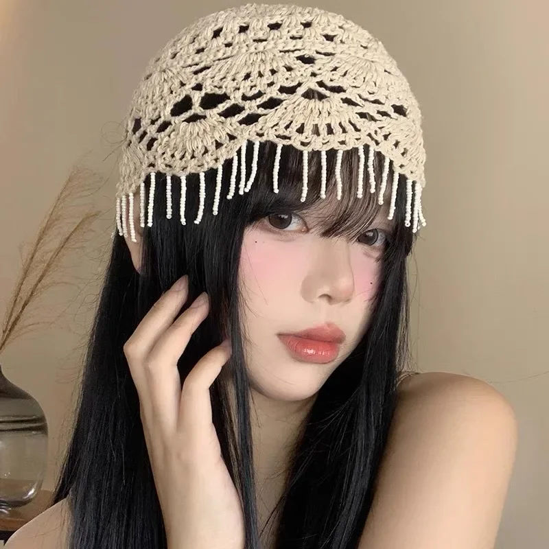 

1pc Women Crochet Beanie Hats,Solid Color Hollow Out Breathable Elegant Skull Cap Beanies Female Versatile Fashion Head Caps