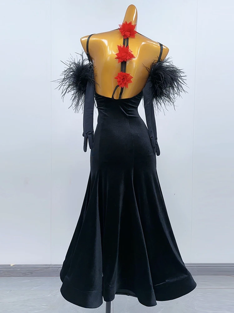 블랙 볼룸 댄스 드레스 여성 현대 표준 댄스 공연 복장 왈츠 경연 대회 옷 민소매 롱 드레스 2473