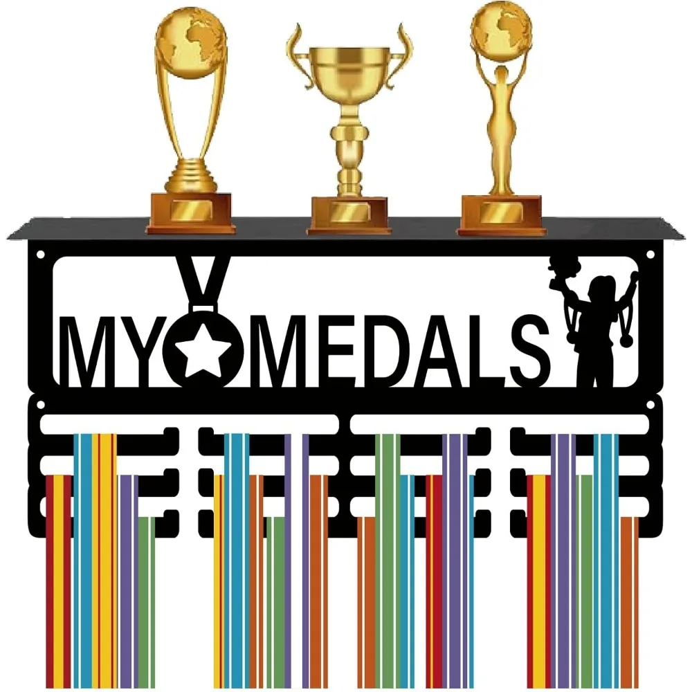 My Medals Medal Holder Medal Hanger Rack Display Wall Mounted Hanging Awards with Trophy Shelf 4 Rows Hold 70+ Medals Gift