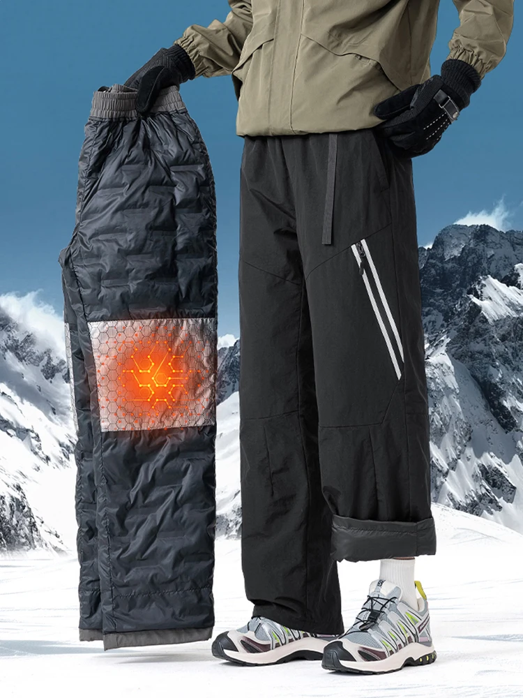  Мужские зимние пуховые утепленные брюки Уличные водонепроницаемые ветрозащитные прямые лыжные брюки, теплые брюки с мягкой подкладкой на белом утином пуху Мужские зимние пуховые утепленные брюки Уличные водонепроницаемые ветрозащитные прямые лыжные брюки, теплые брюки с мягкой подкладкой на белом утином пуху