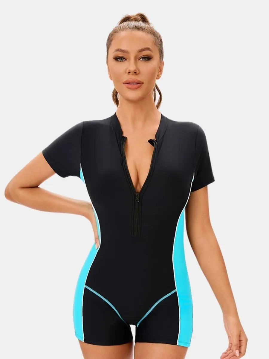 

Color Block Shortsleeve Bathing Suit Boyleg Quick Dry Surfing Suit Training Swimwear Athletic One-piece Women Sports Swimsuit