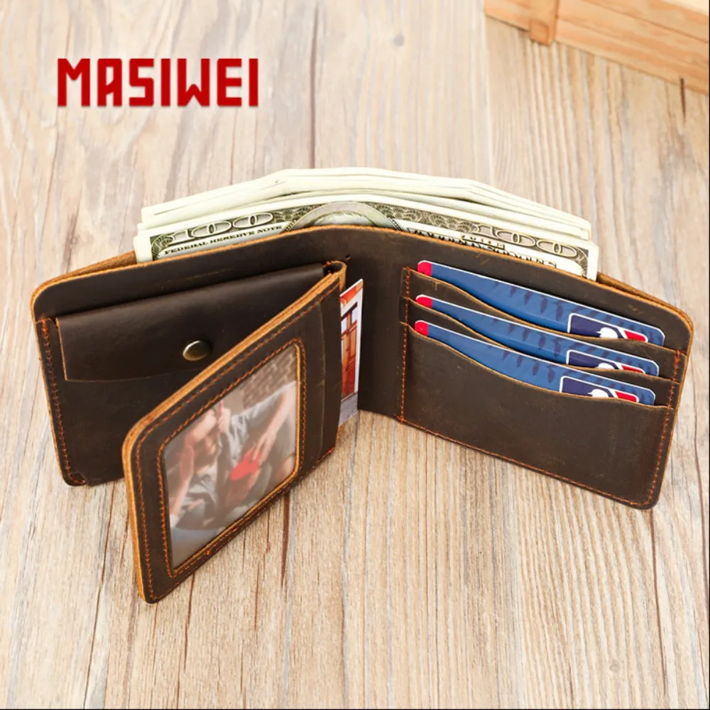 Crazy Horse Leather Vintage Men's Wallet Handcrafted Cowhide Billfold Coin Pocket Multi-Card Compartment Leather Wallet