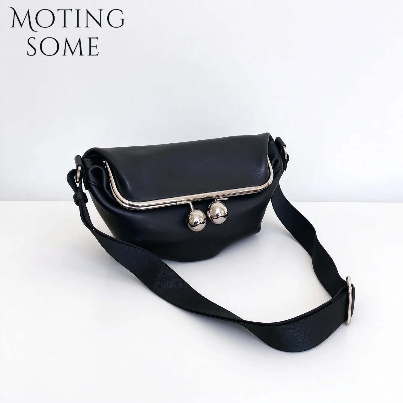 Motingsome Women Soft Leather Saddle Bag Retro Double Bead Metal Lock Large Capacity Crossbody Shoulder Commuter Handbag 2026