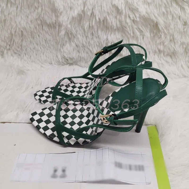 Patchwork Lattice Leather Thin High Sandals Open Toe Back Buckle Ankle Strap Slim Stiletto Pumps 2024 Women Fashion Sexy Shoes