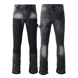 Four Seasons Men's Casual Spliced Vintage Grey Elastic Jeans Bootcut Pants Trendy Slim Denim Trousers Male Men's Streetwear