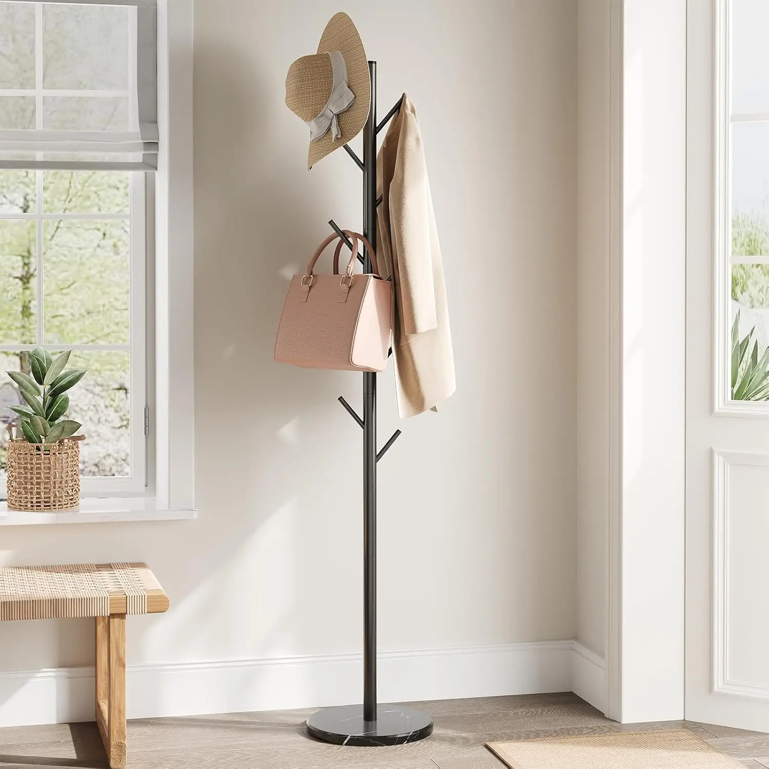 

Freestanding Coat Rack with Marble Base, 10 Hooks, Adjustable Size for Clothes, Bags, Hats in Entryway, Bedroom, Office - Black