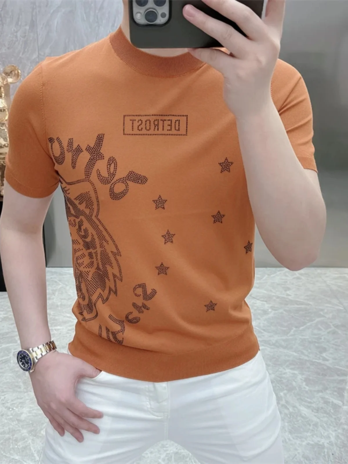 2025 Summer High Quality Ice Silk Knitted Jacquard T-shirt Men Trend Short Sleeve Round Neck Casual Tshirts Breathable Tee Tops