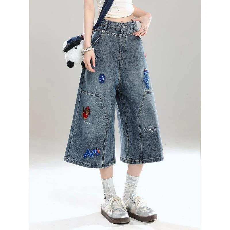 Cute Embroidery Design Summer 2026 New plus Size Slimming Loose Fitting Wide Leg Jeans High Waist Button Closure Denim Pants