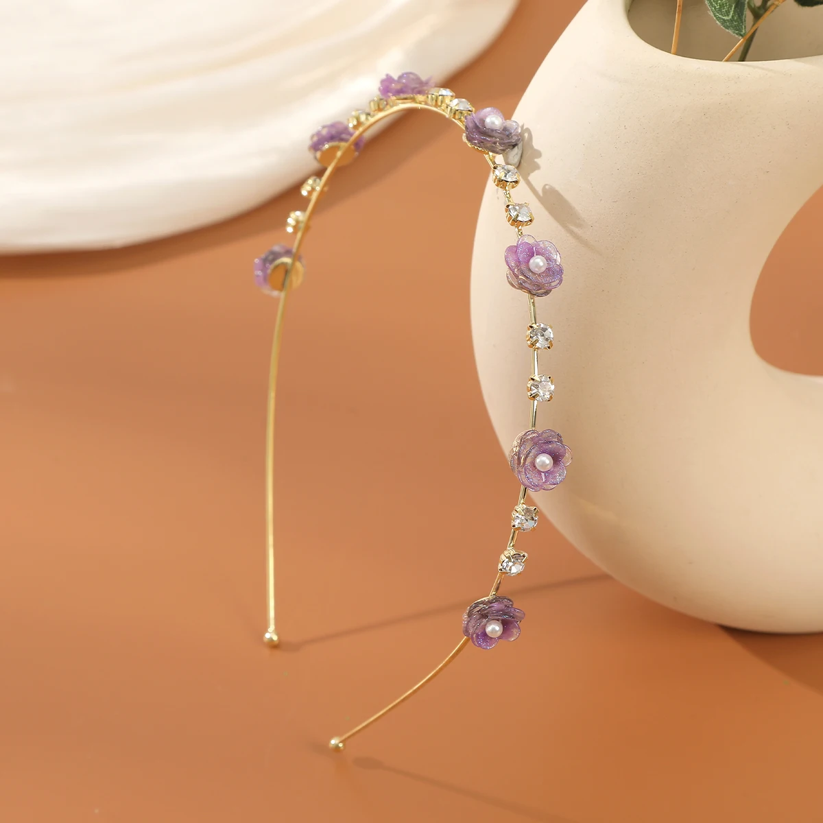 Pearl Camellia Hairbands For Women Retro Elegant Hair Hoops Bezel Headwear Girls Alloy Headband Purple Flower Hair Accessories