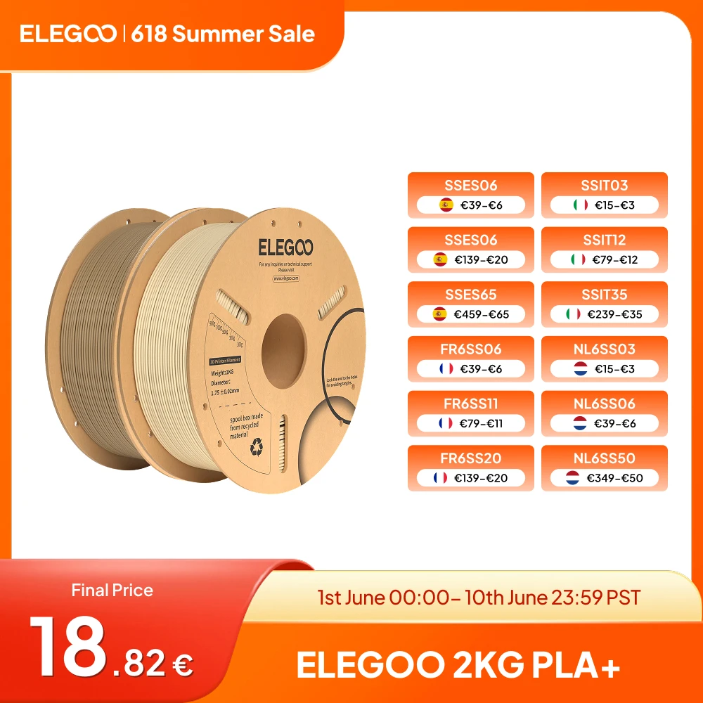 ELEGOO-Filament en plastique PLA + pour la plupart des modèles FDM 3D, 1.75mm, 2kg, précision +/- 0.02mm, 1kg