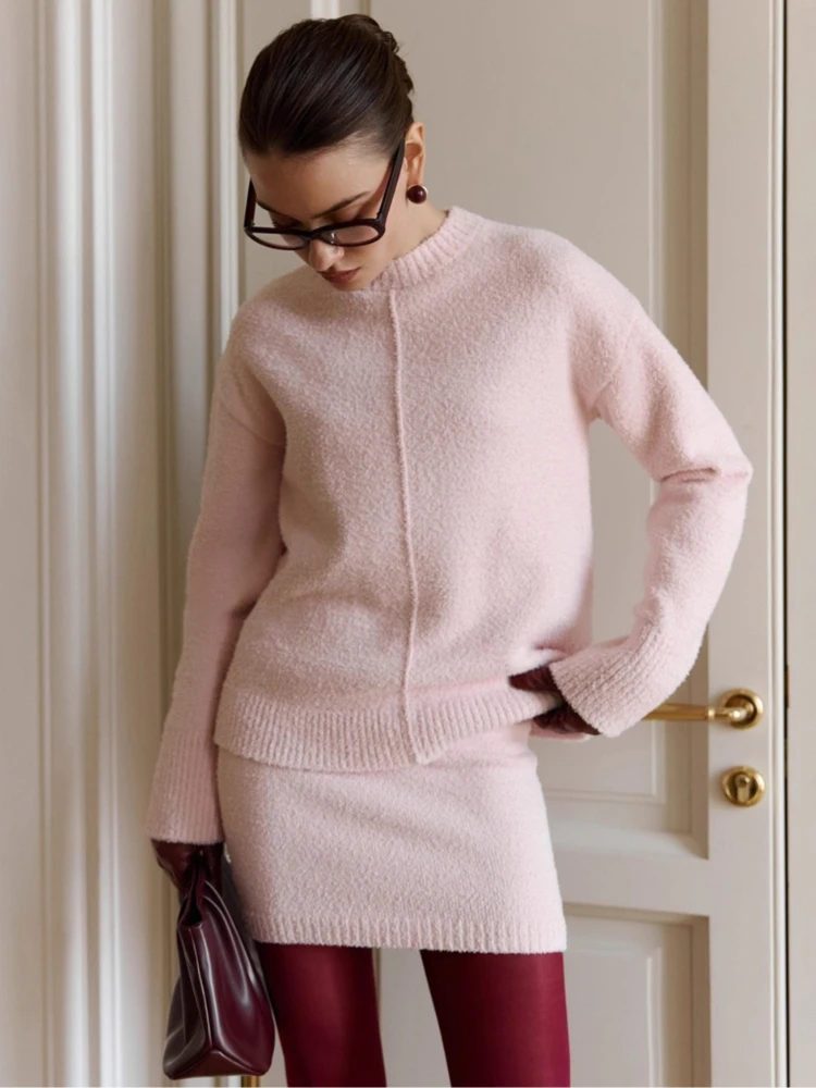 

Tossy Autumn Casual Knit Sweater 2 Piece-Set Mini Skirt Women Solid Round Neck Pullover Slim Bodycon Mini Skirt Knitwear Outfits