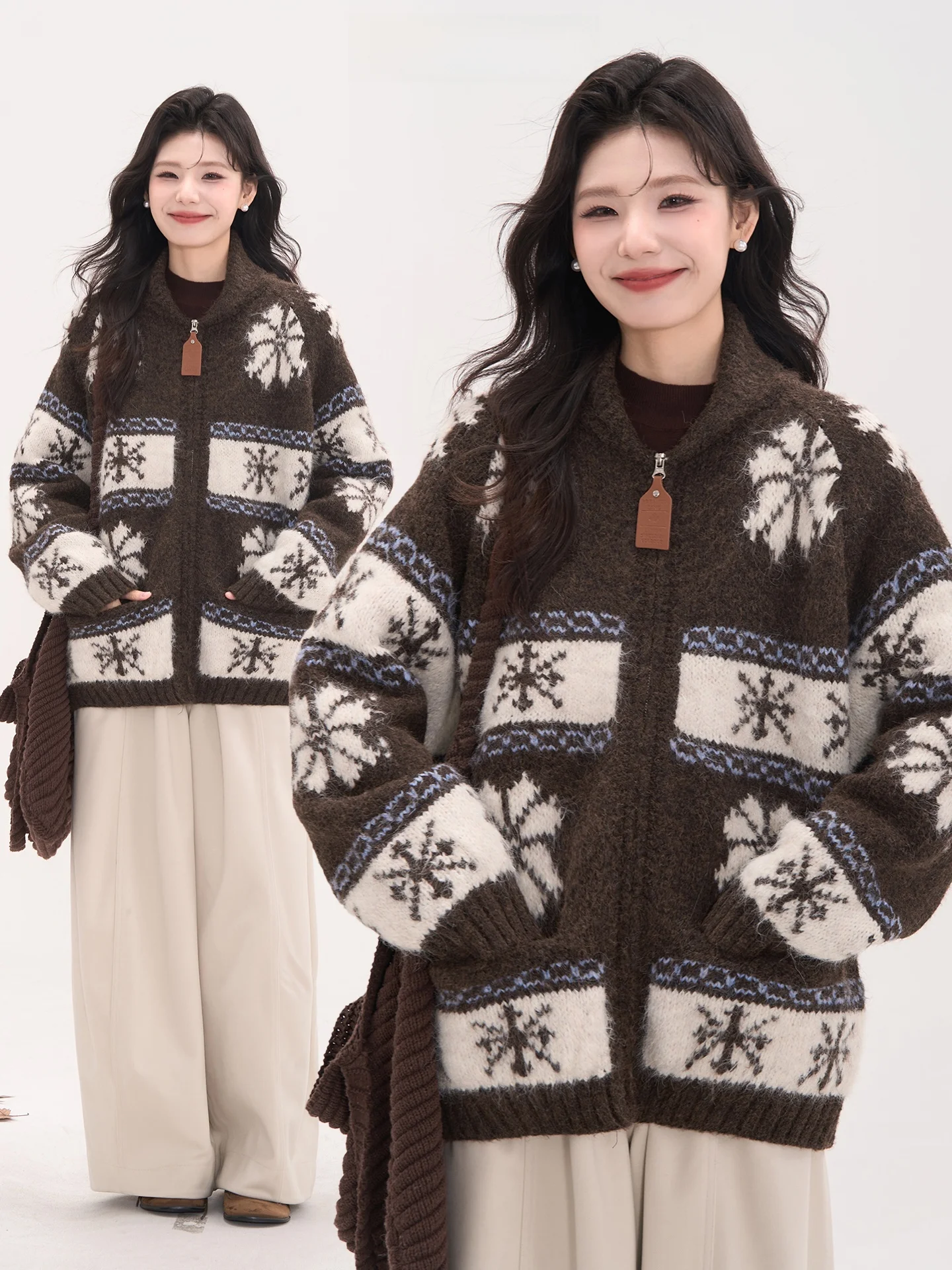 

Heme Lin Yue Hui Winter Thiened Snowflake Embroidery Zipper Collar Sweater Jaet Women's Outerwear Casual Knitted Coat