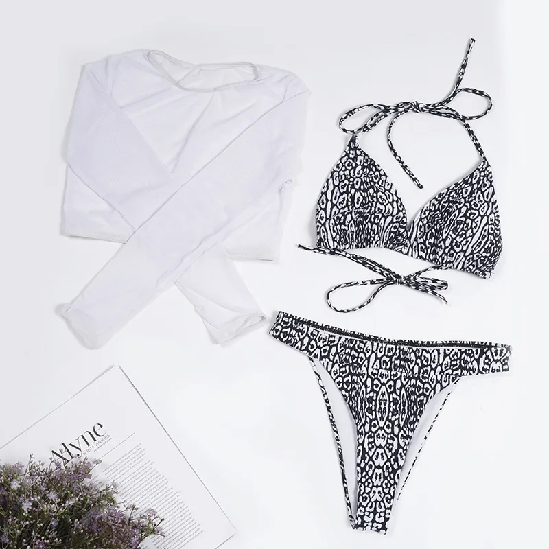 Conjuntos de biquíni branco para mulheres, top manga comprida, tanga swimwear, maiô, maiô de natação, beachwear, néon, 3 peças, 2024