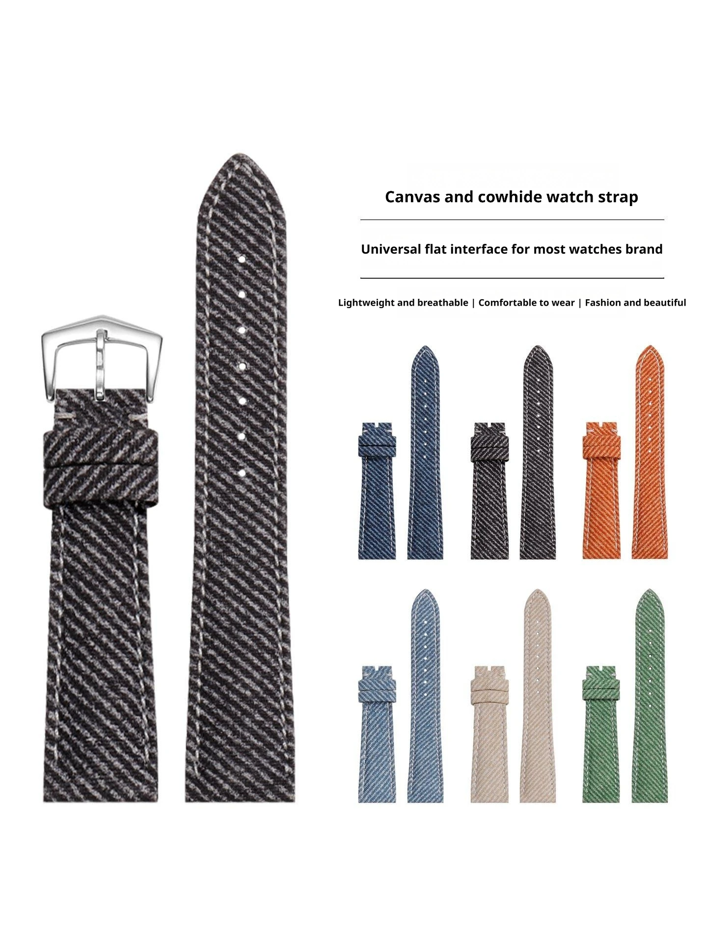 19 20 21MM Canvas stripe watch strap flat interface cowhide leather back watchband Men's Women's bracelet pin buckle comfortable