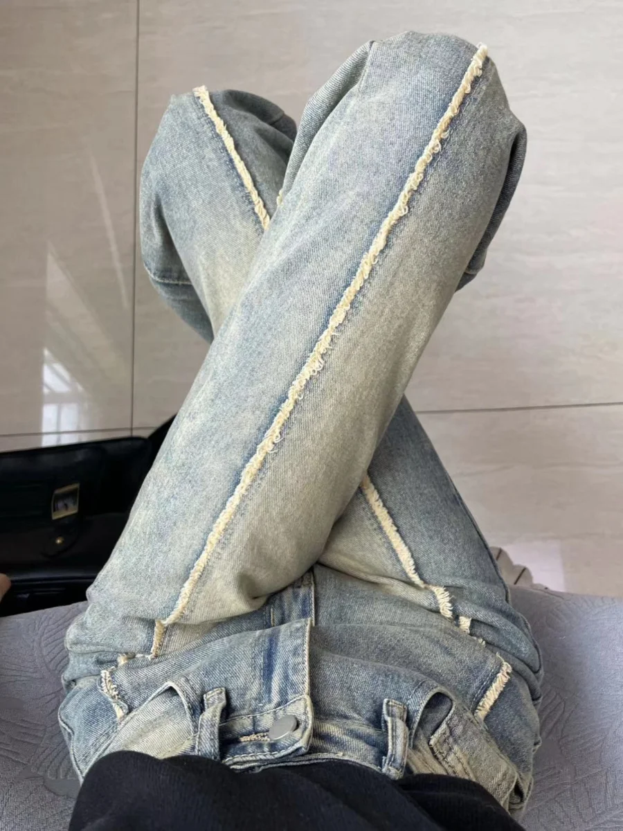 

Желтые глиняные джинсы в стиле ретро, женские весенне-осенние утягивающие потертые брюки больших размеров High Street, американские прямые широкие брюки