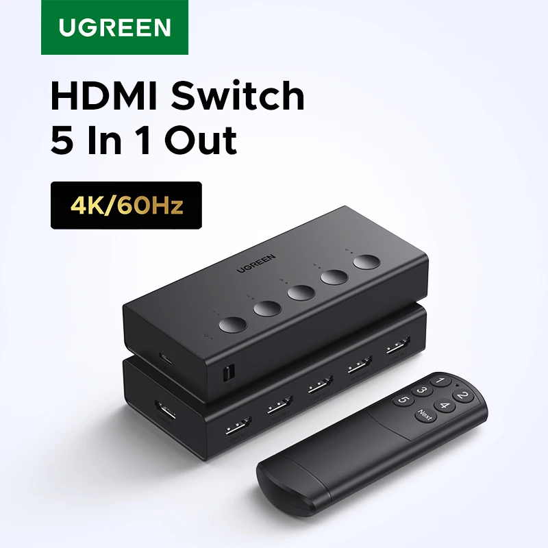 

UGREEN HDMI переключатель 5 входов 1 выход с пультом ДУ поддержка 4K 60Hz HDR HDCP 2.2 CEC совместим с PS5 PS4 ТВ монитор проектор HDMI сплиттер для домашнего кинотеатра